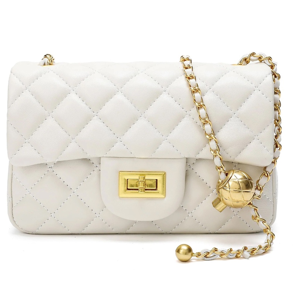 Tiffany & Fred Paris Quilted Sheepskin Leather Shoulder Crossbody Bag - White